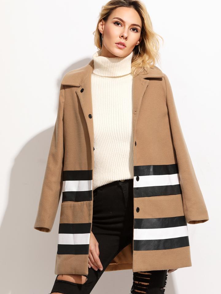 Shein Camel Hidden Button Striped Mixed Media Coat
