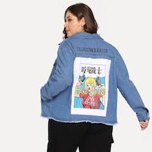 Shein Plus Cartoon Print Raw Hem Denim Jacket