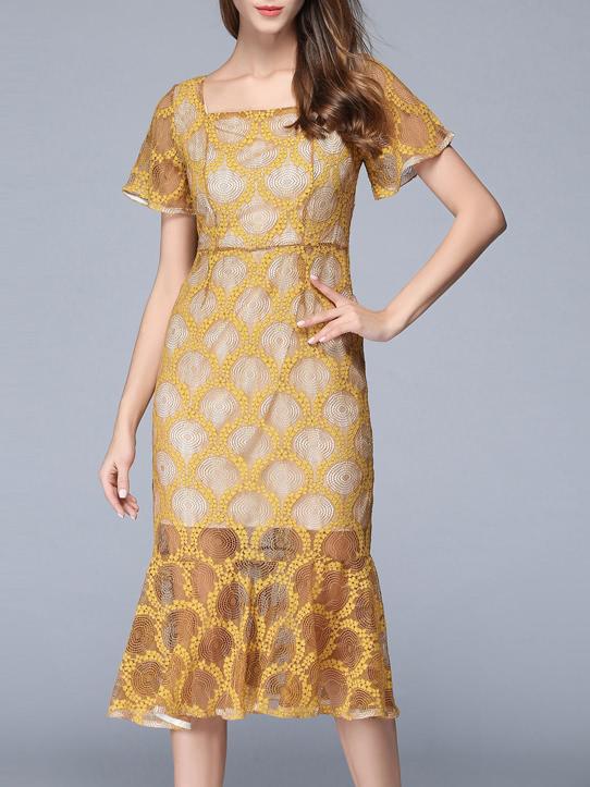 Shein Boat Neck Fishtail Lace Sheer Dress