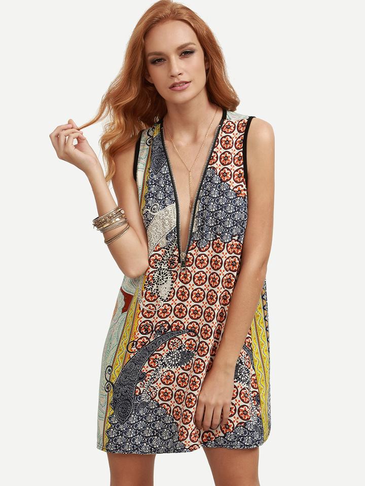 Shein Multicolor Paisley Print Zip Front Shift Dress