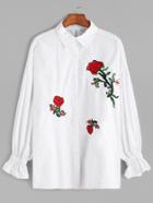 Shein White Drop Shoulder Flower Embroidered Shirt
