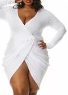 Rosewe Plunging Neck Long Sleeve White Asymmetric Dress