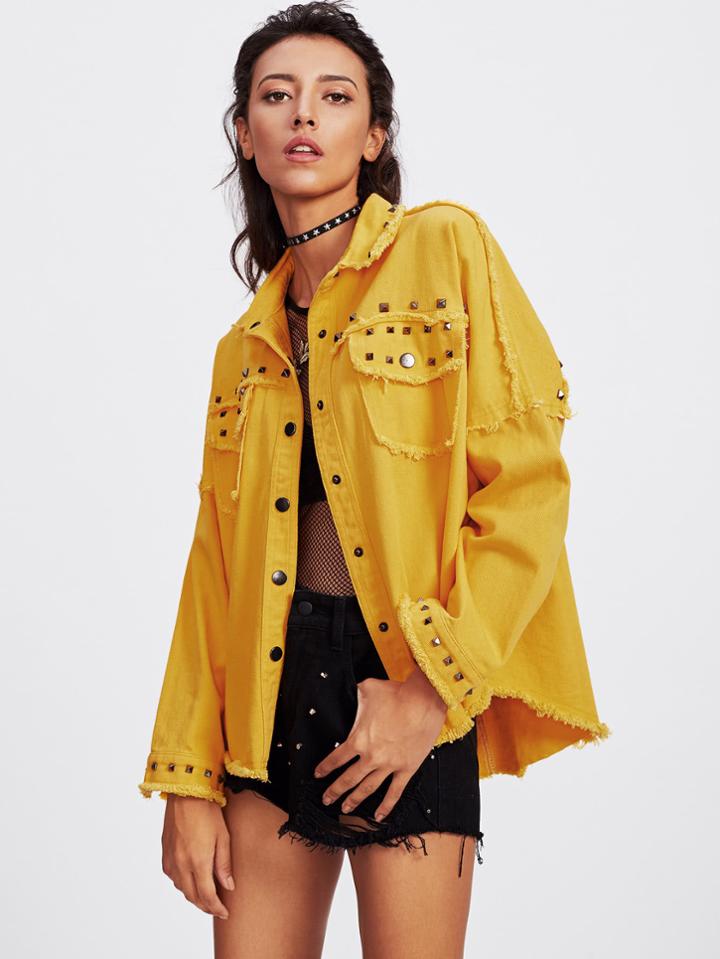 Shein Mustard Studded Frayed Hem Jacket