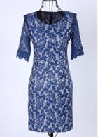 Rosewe Exclusive Round Neck Embroidered Lace Half Sleeve Dress Navy