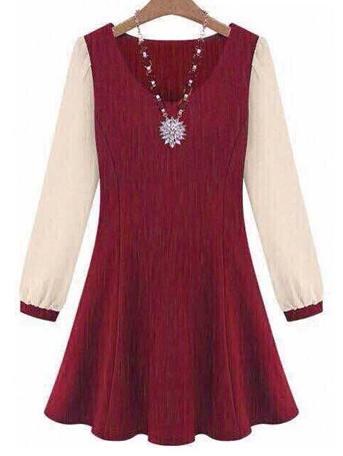 Shein Red V Neck Contrast Long Sleeve Slim Dress