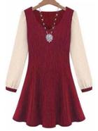Shein Red V Neck Contrast Long Sleeve Slim Dress