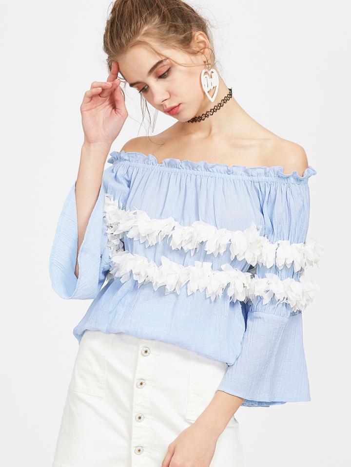 Shein Blue Contrast Applique Flower Trim Off The Shoulder Top