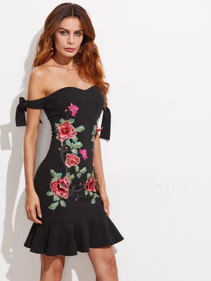 Shein Bardot Bow Tied Sleeve Embroidery Patch Flounce Trim Dress