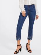 Shein Faux Pearl Embellished Frayed Edge Cropped Jeans