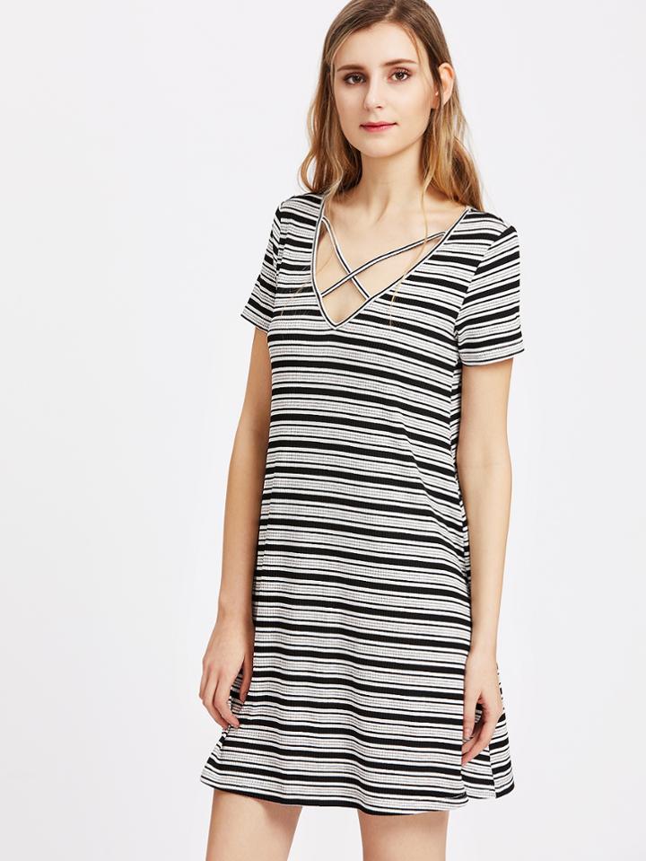 Shein Striped Crisscross V Neck Ribbed Swing Tee Dress