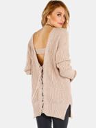 Shein Plunging V Lace Up Back Knit Sweater Camel