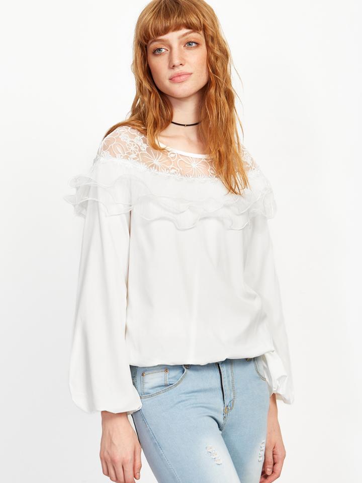 Shein White Embroidered Mesh Insert Ruffle Tiered Top