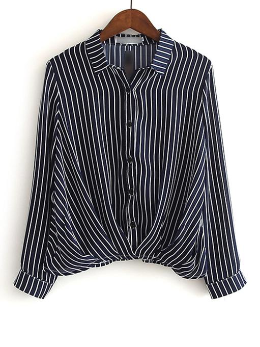 Shein Black And White Lapel Vertical Stripe Button Blouse