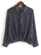 Shein Black And White Lapel Vertical Stripe Button Blouse