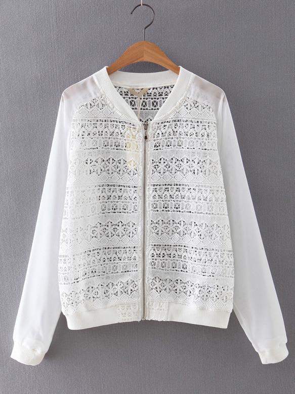 Shein White Long Sleeve Rib-knit Cuff Crochet Jacket