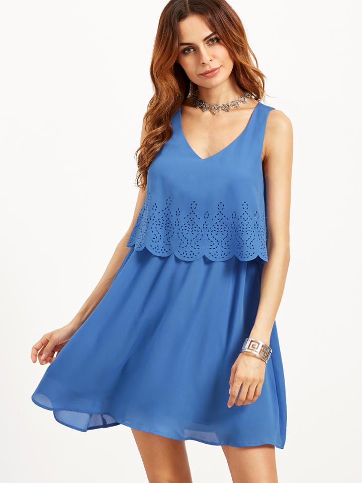 Shein Blue Laser Cutout Layered Scallop Dress