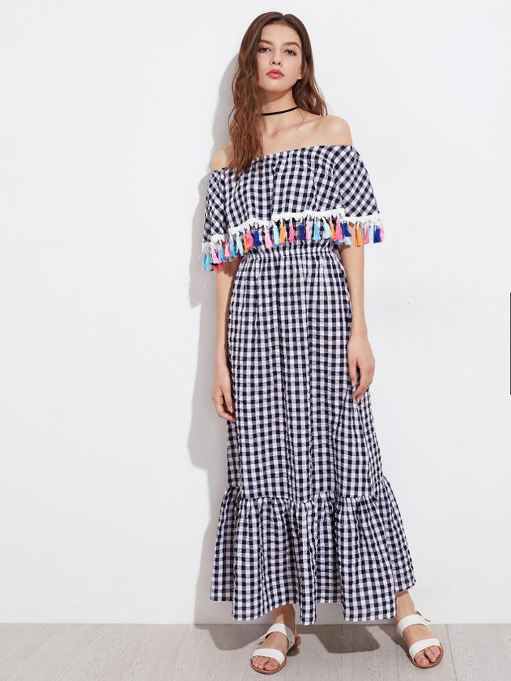 Shein Flounce Layered Neckline Checkered Tassel Trim Dress
