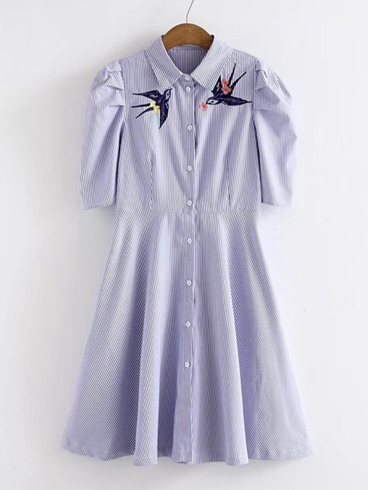 Shein Swallow Embroidery Striped Shirt Dress