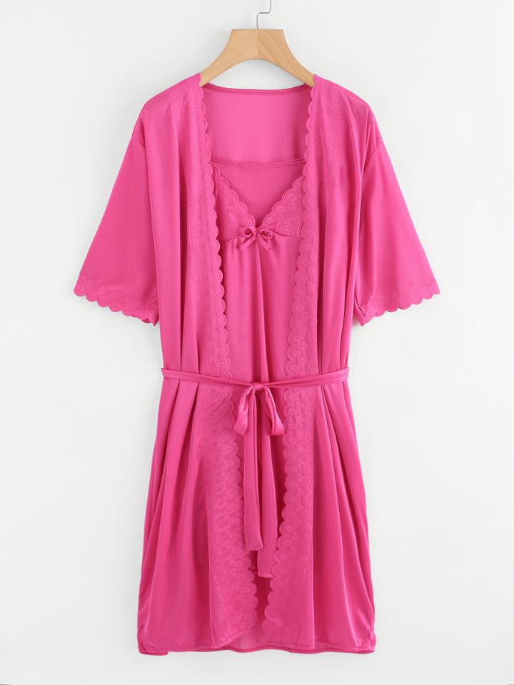 Shein Scallop Trim Self Tie Kimono Robe With Slips