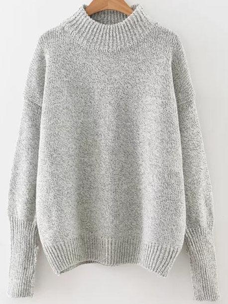 Shein Grey Crew Neck Ribbed Trim Drop Shoulder Sweater