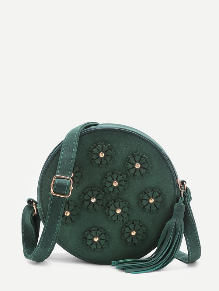 Shein Flower Embellished Round Shoulder Bag With Tassel