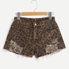 Shein Ripped Raw Hem Leopard Denim Shorts