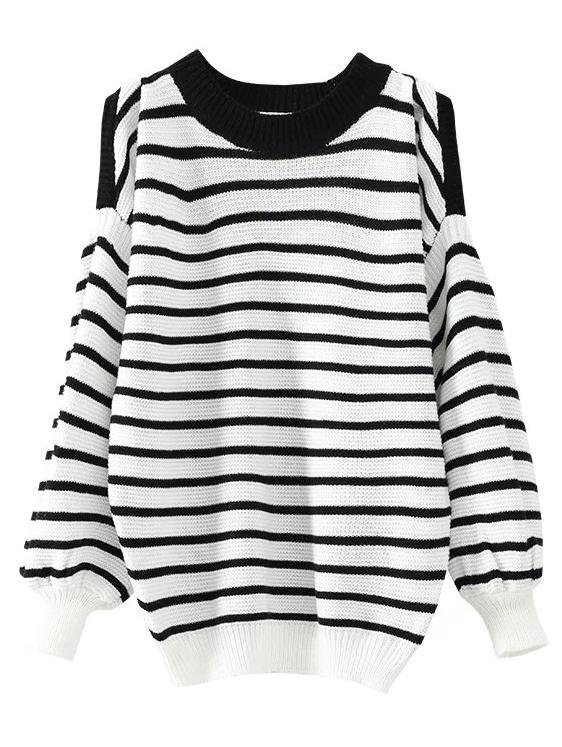 Shein Black And White Striped Open Shoulder Sweater
