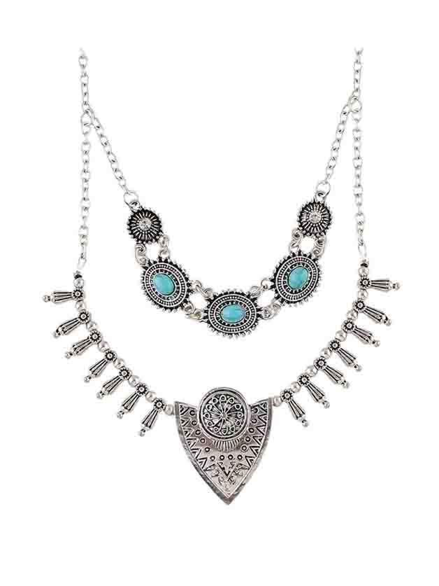 Shein At-silver Tibetan Style Double Layers Imitation Turquoise Statement Collar Necklace