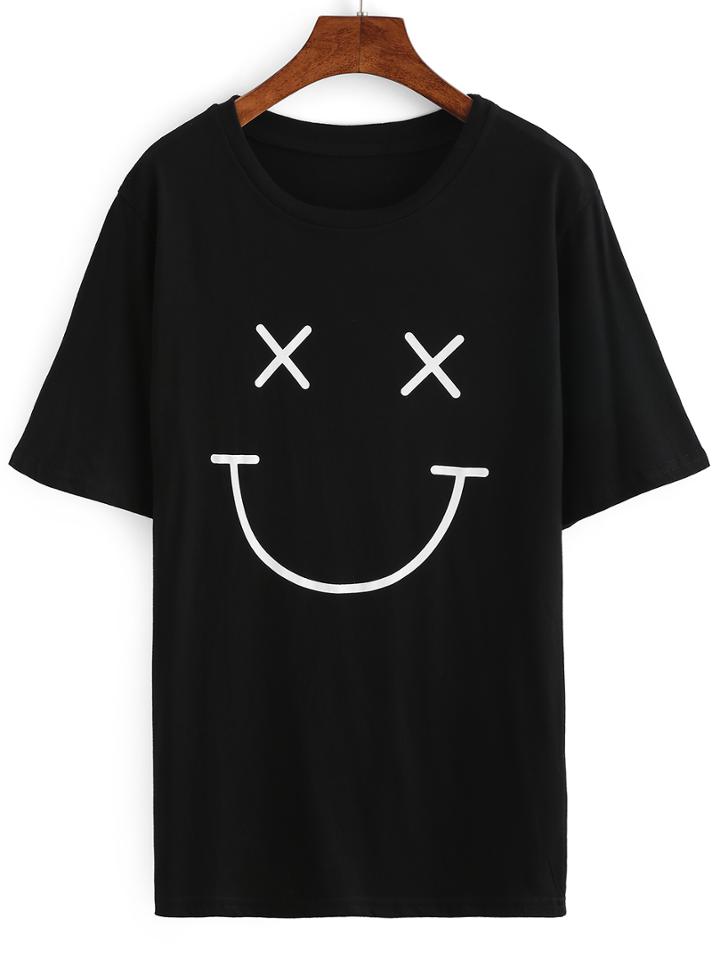 Shein Black Smile Print T-shirt
