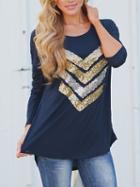 Shein Navy Round Neck Sequined Loose T-shirt