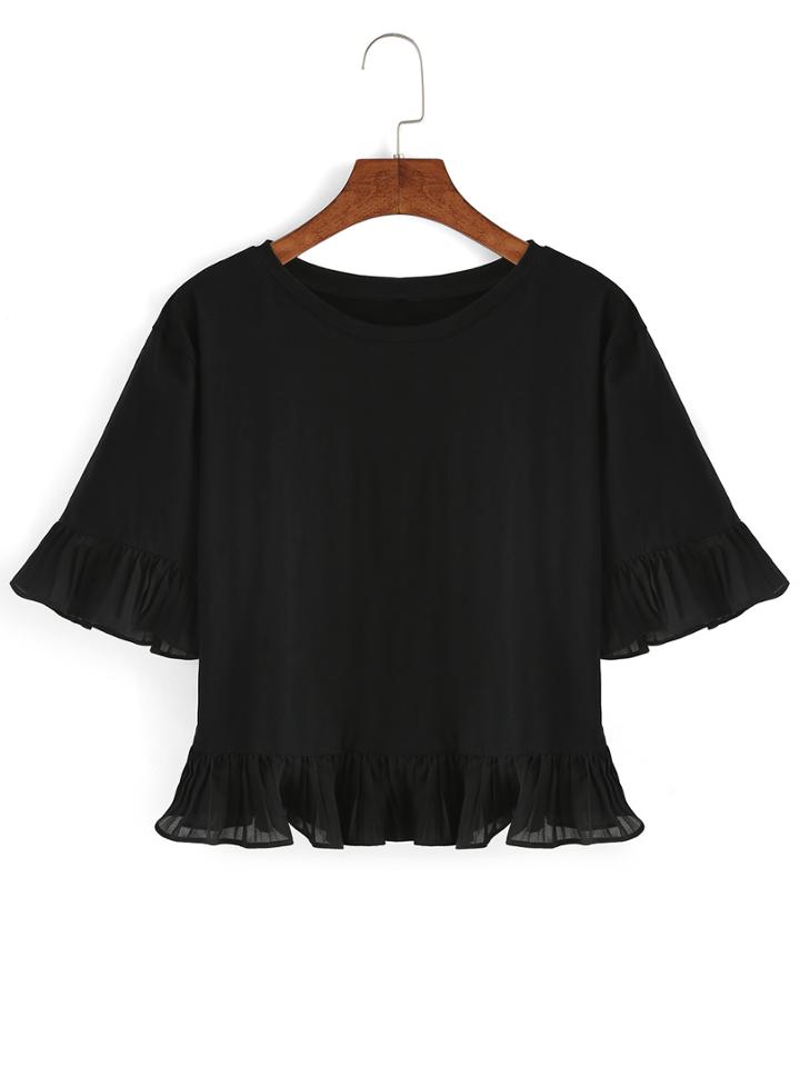 Shein Black Ruffle Pleated T-shirt