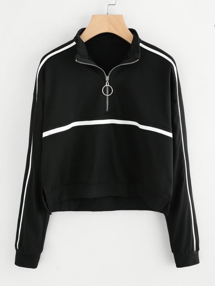 Shein Striped Panel Zip Neck Sweatshirt