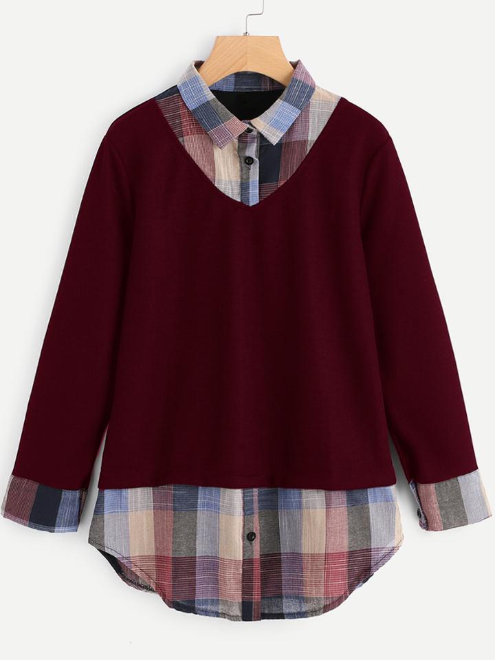 Shein Contrast Plaid 2 In 1 Blouse