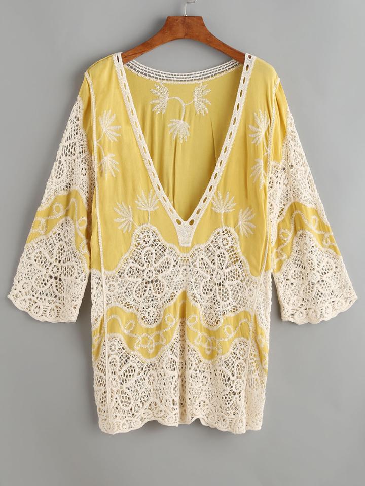 Shein Yellow V Neck Embroidered Eyelet Crochet Lace Cover Up