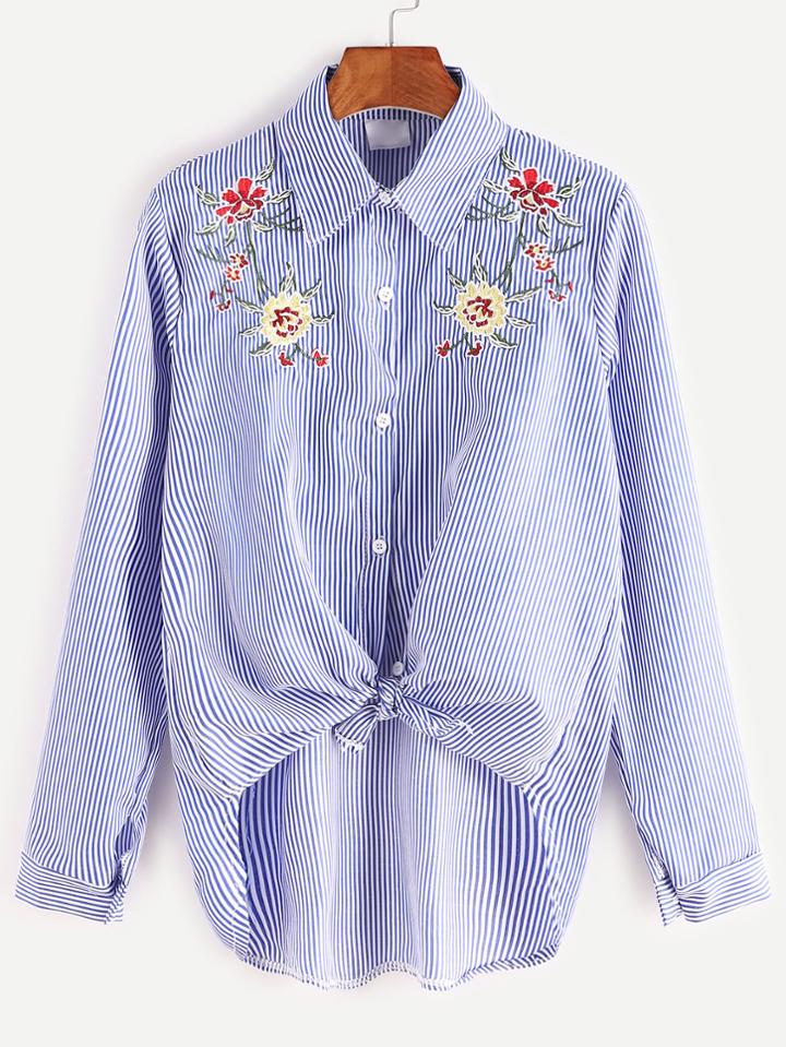 Shein Blue Striped Flower Embroidered Knotted High Low Shirt