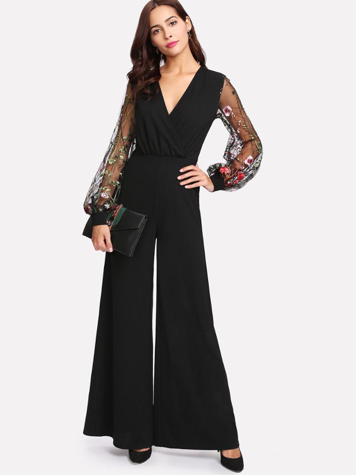 Shein Botanical Embroidery Mesh Sleeve Wrap Jumpsuit