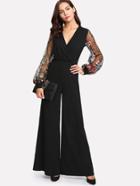 Shein Botanical Embroidery Mesh Sleeve Wrap Jumpsuit