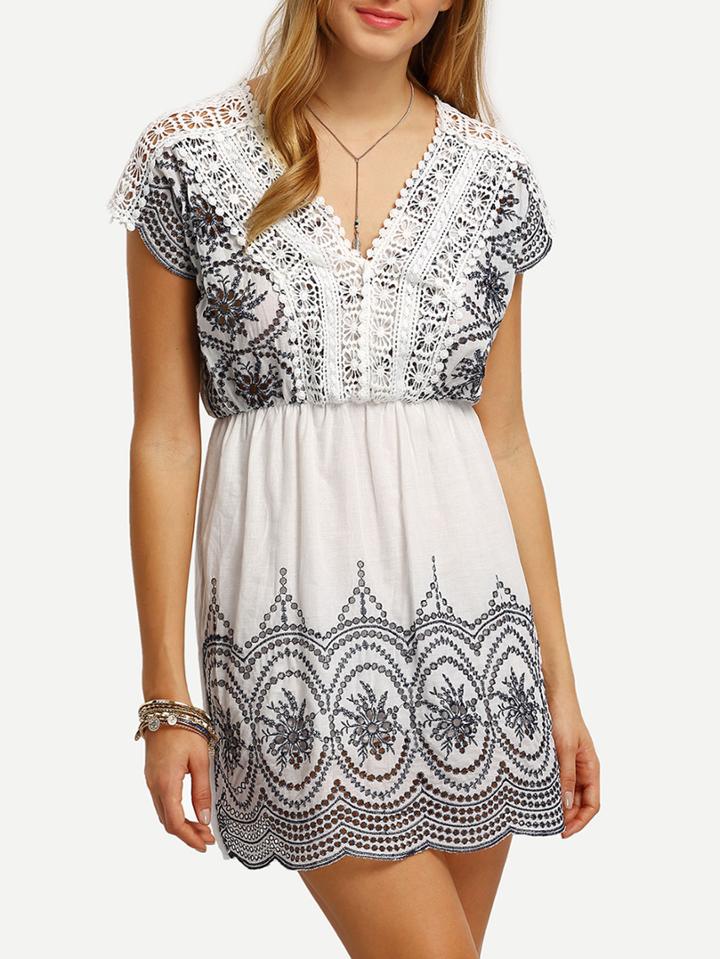 Shein V Neck Crochet Tribal Print Dress