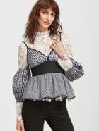 Shein Black And White Checkered Peplum Cold Shoulder Top