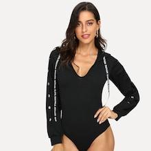 Shein V Neck Solid Hooded Bodysuit