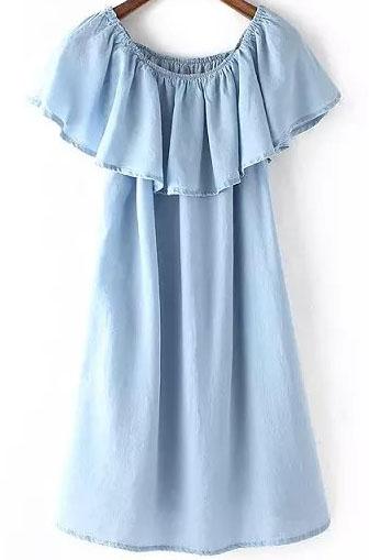 Shein Blue Cowgirls Round Neck Ruffle Denim Dress