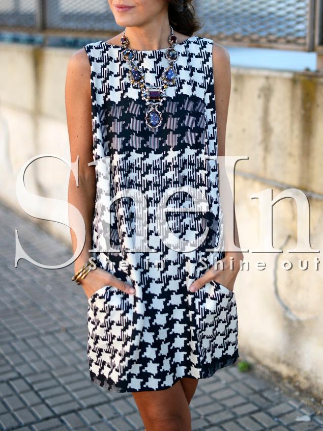 Shein Black White Houndstooth Pockets Shift Dress
