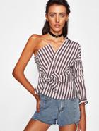 Shein One Shoulder Ruched Sleeve Self Tie Striped Blouse