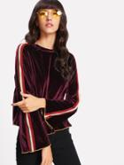 Shein Striped Tape Detail Bell Sleeve Velvet Tee