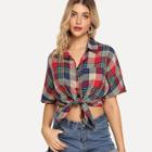 Shein Single Breasted Plaid Blouse