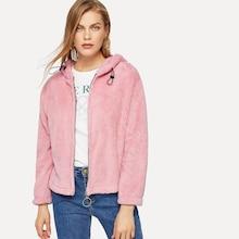 Shein Solid Hooded Teddy Jacket