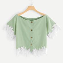 Shein Contrast Lace Button Front Blouse