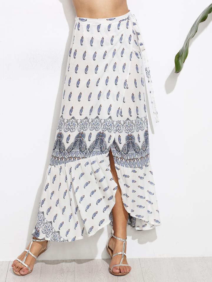 Shein White Paisley Print Tie Wrap Asymmetrical Skirt