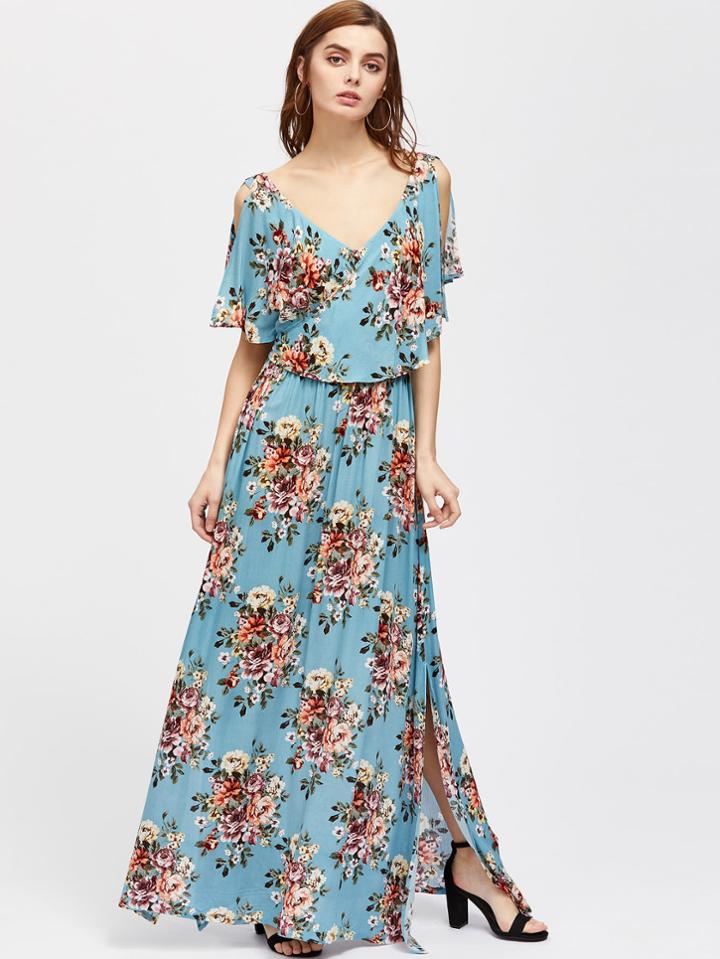 Shein Flower Cluster Print Surplice Wrap Split Cape Dress