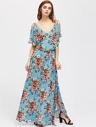 Shein Flower Cluster Print Surplice Wrap Split Cape Dress